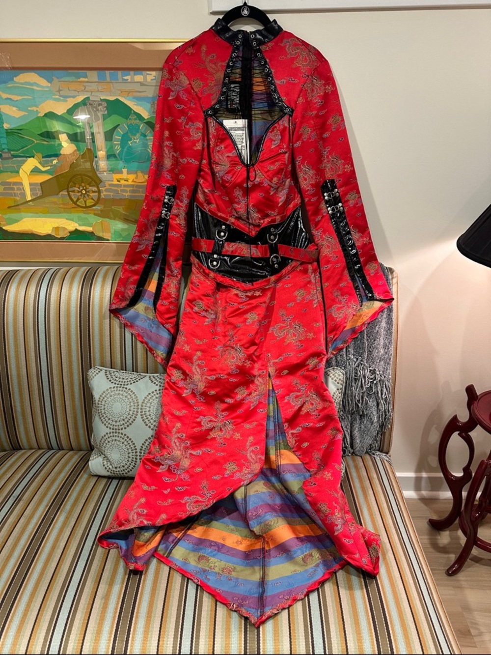 VINTAGE Lip Service Red Brocade Gothic Long Sleeve Dress with Black Accents